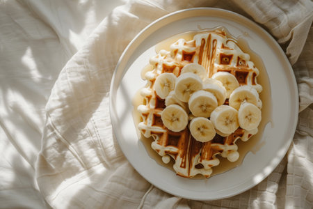 Waffles with banana and nuts. Generative AI illustrationの素材