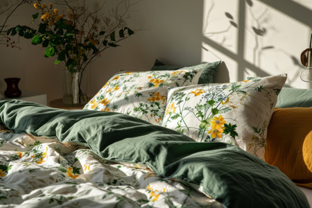Bedroom with botanical print bedding in green and yellow tones. Spring concept. Generative AI illustrationの素材
