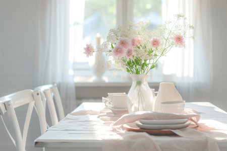 White indoor dining table day lunch table setup with shades of pink. Generative AI illustrationの素材