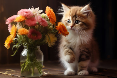 Cute cat with a bouquet of flowers. Generative AI illustrationの素材