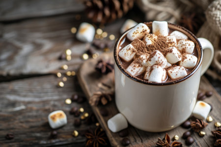 Chocolate hot cocoa in white mug with marshmallows. Generative AI illustrationの素材