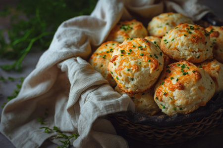 Scones with cheese and green onion. Cheddar and chive biscuits. Generative AI illustrationの素材