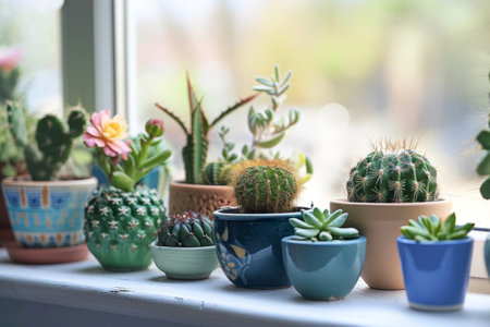 Cactus and succulents in pots on the windowsill. Generative AI illustrationの素材