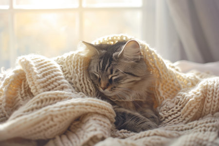 Cute kitten rests on soft blanket. Cat among a knitted fabric blanket. Generative AI illustrationの素材