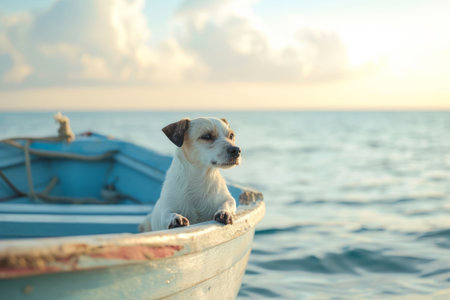 Dog on a boat near the beach. Small dog in a wooden boat on the lake. Generative AI illustrationの素材
