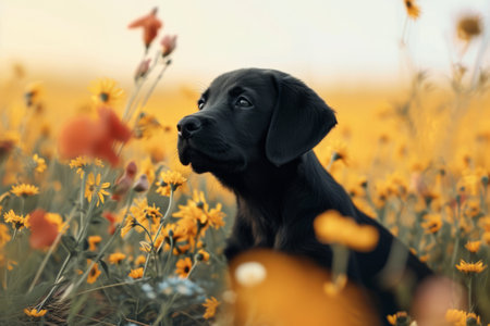 Cute puppy sitting in summer flower field. Generative AI illustrationの素材