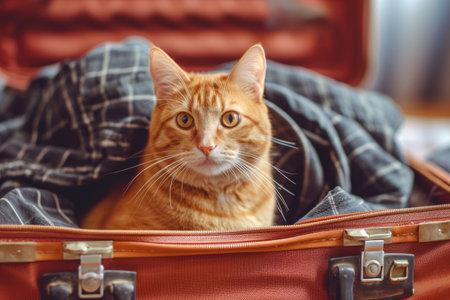 Cute cat sitting in an open suitcase among summer clothes. Generative AI illustrationの素材