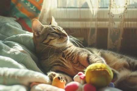 Cute cat plays with toys. Generative AI illustrationの素材