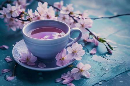 Lavender cup of tea with cherry blossom flowers in the background. Generative AI illustrationの素材
