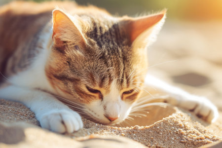 Cat is taking a rest on the sand beach. Generative AI illustrationの素材
