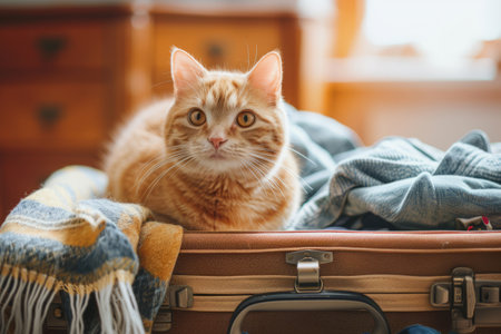 Cute cat sitting in an open suitcase among summer clothes. Generative AI illustrationの素材