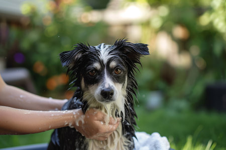 Dog taking a bath in the backyard. Generative AI illustrationの素材