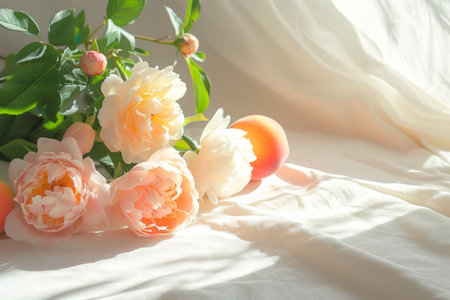 Fresh peach peony roses in morning sunshine. Generative AI illustrationの素材