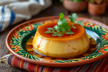 Homemade flan with caramel sauce. Cream pudding in decorative dish. Generative AI illustrationの素材