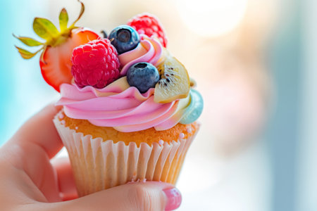 Hand holds a cupcake with colored icing and fresh fruits. Generative AI illustrationの素材