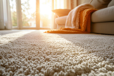 Living room interior with stylish furniture, focus on soft carpet. Generative AI illustrationの素材