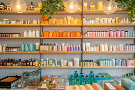 Shelves with items including soap and shampoo to sell. Generative AI illustrationの素材