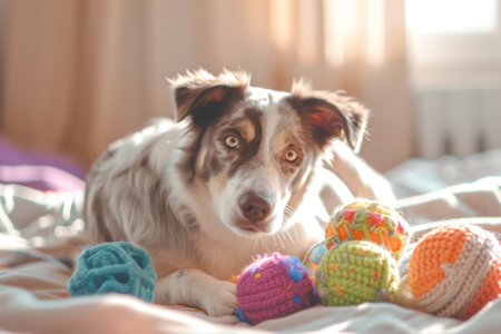 Dog at home in the living room playing with his toys. Generative AI illustrationの素材