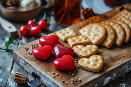 Board with heart shaped crackers and other snacks. Generative AI illustrationの素材