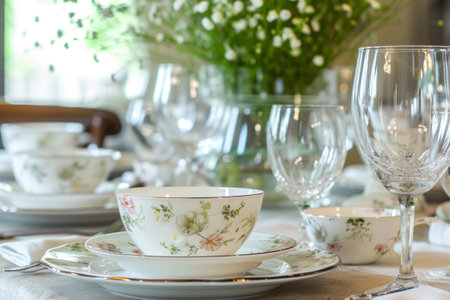 Elegant table setting with delicate floral themed dishes. Generative AI illustrationの素材