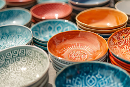 Handmade decorative ceramic tableware. Colorful empty craft ceramic plates. Generative AI illustrationの素材