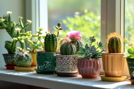 Cactus and succulents in pots on the windowsill. Generative AI illustrationの素材