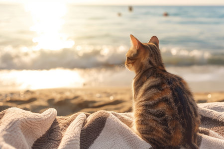 Cute cat sitting on a beach towel. Generative AI illustrationの素材