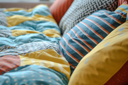 Soft bedding set with pillows in pastel colors. Colorful bed linen. Generative AI illustrationの素材