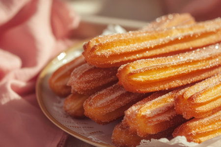 Churros with cinnamon and sugar. Generative AI illustrationの素材
