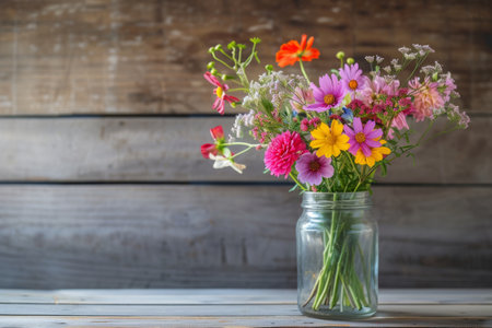 Flowers in jar. Beautiful fresh spring bouquet. Generative AI illustrationの素材