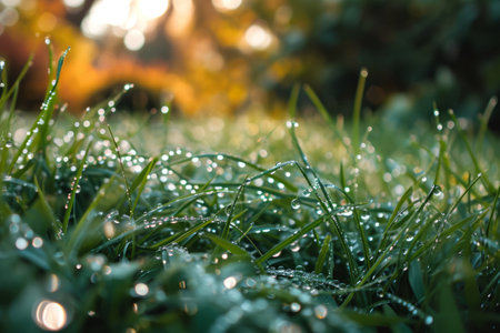 Closeup of water droplets on a green grass. Generative AI illustrationの素材
