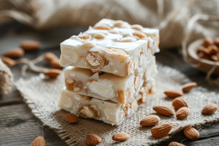 Almond and honey turron. Nougat with nuts. Traditional spanish almond dessert. Generative AI illustrationの素材