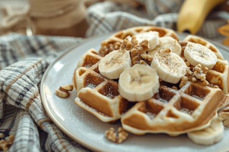 Waffles with banana and nuts. Generative AI illustrationの素材