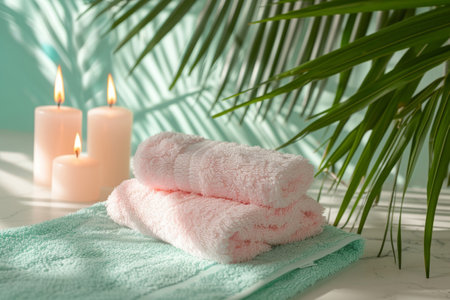 Bathroom with soft pastel towels and candles. Generative AI illustrationの素材