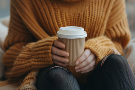Woman in a brown knitted jumper and black leggings holds a takeaway coffee cup. Generative AI illustrationの素材