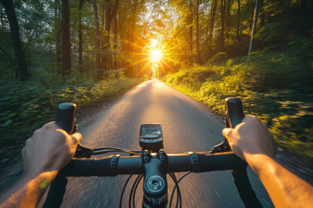 Cycling and person on a bike in nature. First person view of riding bike in the woods. Generative AI illustrationの素材