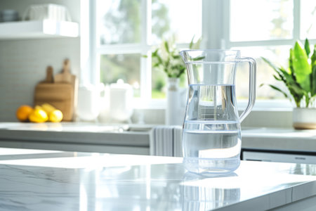 Glass decanter filled with clean drinking water in a modern kitchen. Generative AI illustrationの素材