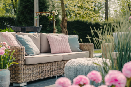 Outdoor patio with seating and pastel cushions. Generative AI illustrationの素材