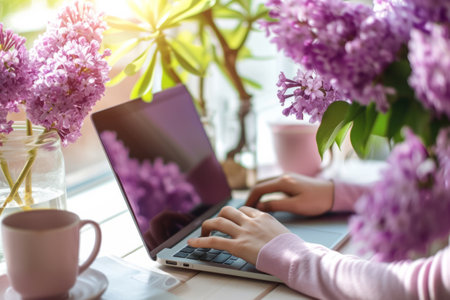 A woman is working by using a laptop on table. Female home office with laptop and flowers bouquet. Generative AI illustrationの素材