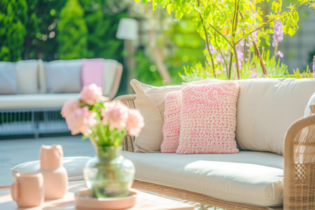 Outdoor patio with seating and pastel cushions. Generative AI illustrationの素材