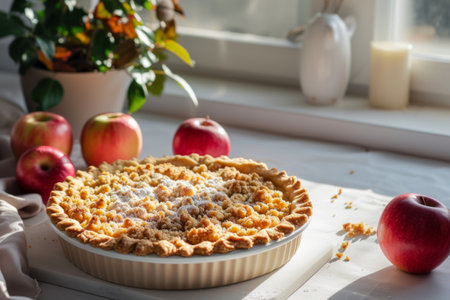 Apple crumble on the kitchen background with apples. Generative AI illustrationの素材