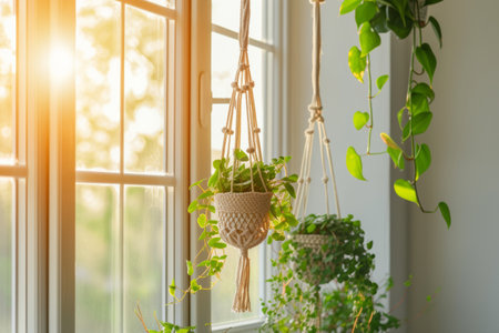 Macrame hanging basket made of cotton cord. Urban jungle concept. Generative AI illustrationの素材