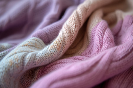Closeup of cashmere knit sweater. Comfortable style clothing. Wavy folds material. Generative AI illustrationの素材