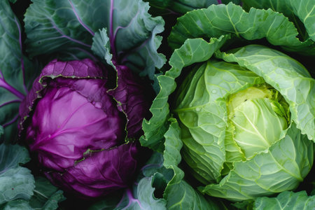 Fresh organically grown green and red cabbage. Healthy and diet concept. Generative AI illustrationの素材