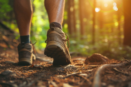 Close up of hiker feet walking outdoors in the forest. Generative AI illustrationの素材