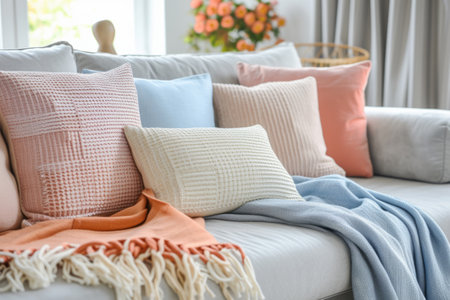 Living room with pastel colored pillows and blanket. Generative AI illustrationの素材