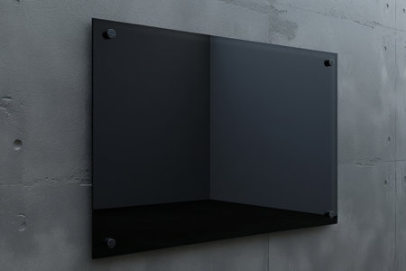 Blank black glass signboard on wall mockup. Empty hanging plexiglass name plate mockup. Clear dark namesign on wall for corporate or store. Generative AI illustrationの素材