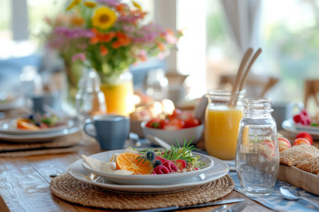 Closeup of a beautifully set brunch table with colorful dishes. Generative AI illustrationの素材