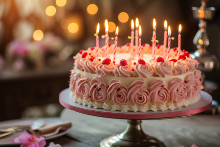 Beautifully decorated birthday cake with lit candles. Generative AI illustrationの素材