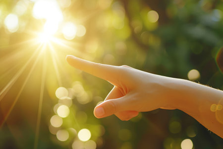 Woman's finger point to empty space on blurred nature background. Generative AI illustrationの素材